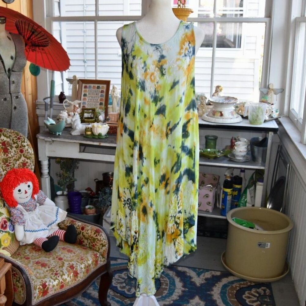 Vintage Y2K Lagenlook Rayon Watercolor Swing Dress OSFM Boho Art